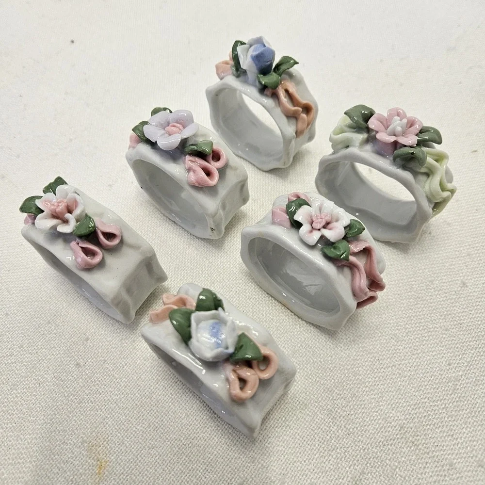 Vintage VTG Napkin Rings Set of 6 White Floral Porcelain Table Decor Cottagecore